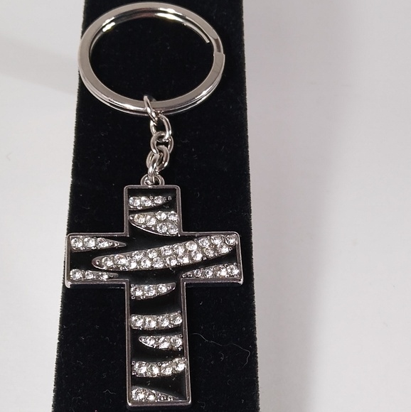 Silver Toned Black Cross Keychain with Rhinestones - Picture 2 of 5
